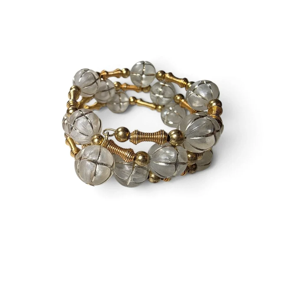 Vintage Clear Melon Cut Lucite Multi Strand Coil Wrap Bracelet Gold Tone Retro